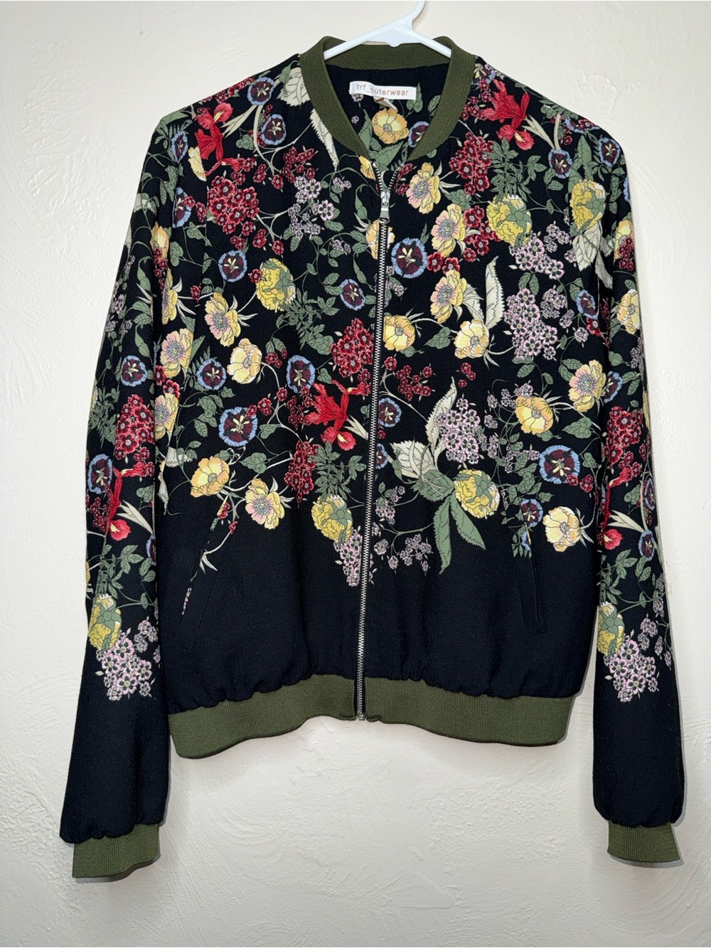 Zara TRF Floral Bomber Jacket Women’s Medium Black Botanical Zip Jacket